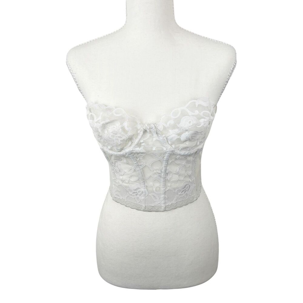 Vintage Valmont Ribbed Corset Women 34B White Floral Lace Strapless Union Made